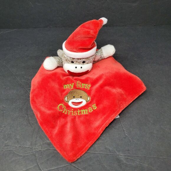 Baby Starters Lovey Sock Monkey My First Christmas Red Brown Security Blanket - Picture 2 of 7